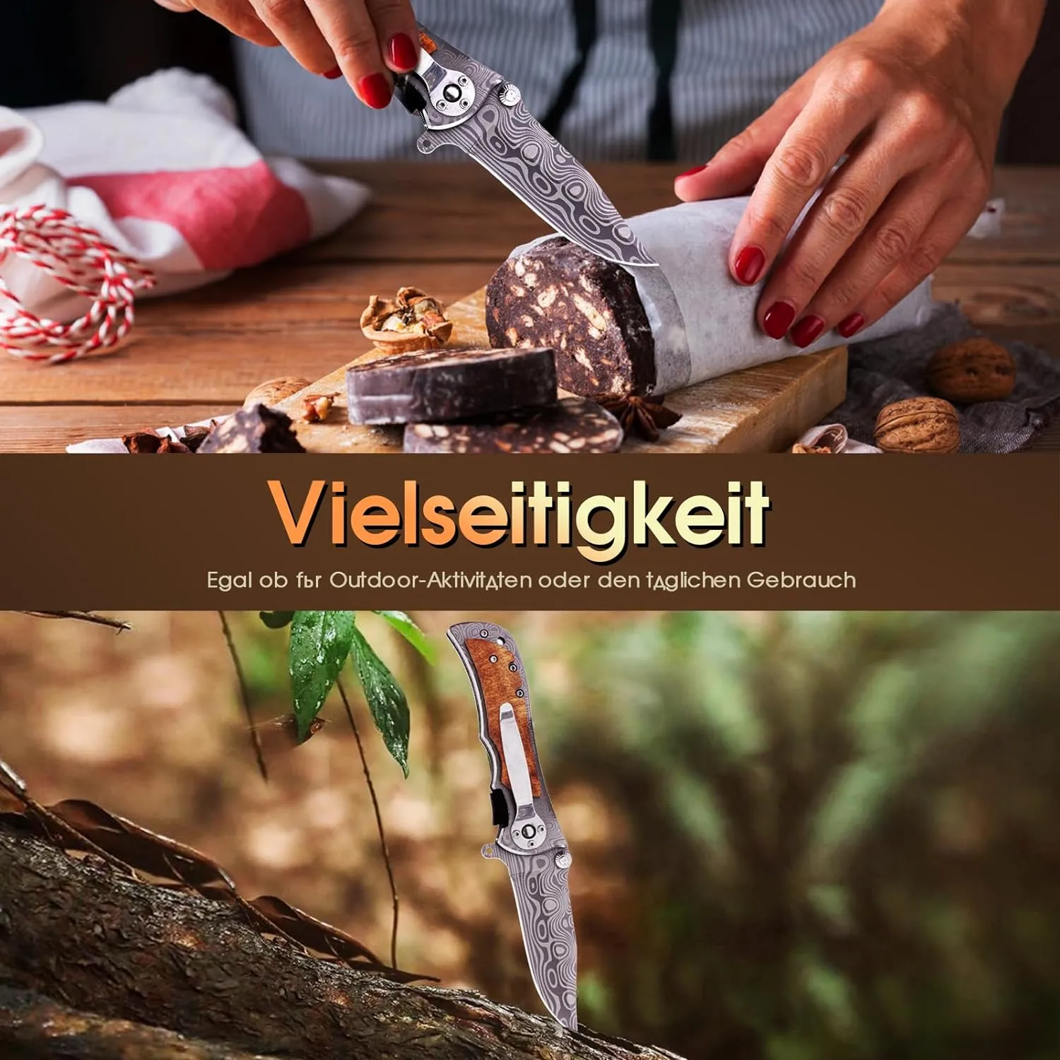 Two-Handed Folding Knife with Thumb Lock System,Permitted to carry,Pocket Knife with Wooden Handle,Outdoor Knife for Camping, Hunting camping tools with storage holster, and Whetstone