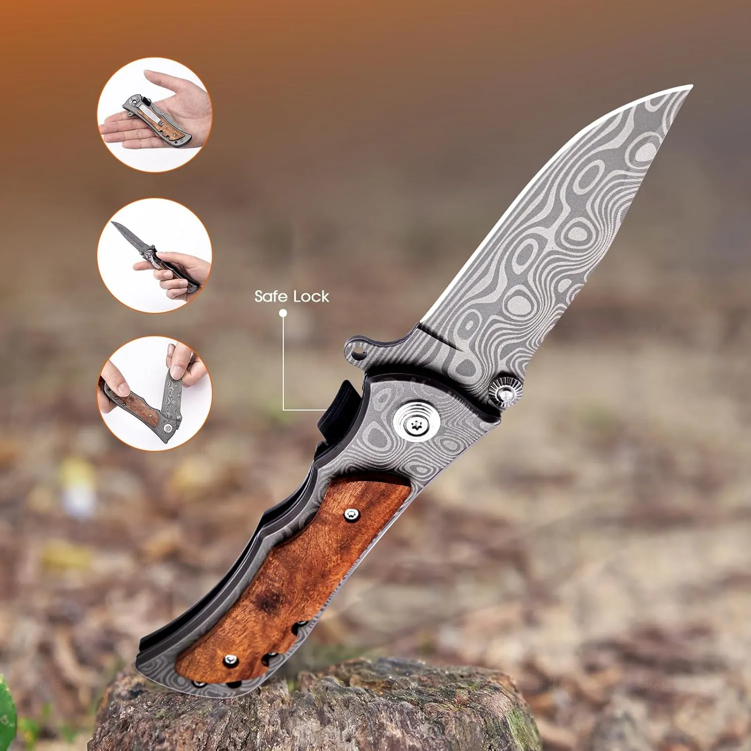 Two-Handed Folding Knife with Thumb Lock System,Permitted to carry,Pocket Knife with Wooden Handle,Outdoor Knife for Camping, Hunting camping tools with storage holster, and Whetstone
