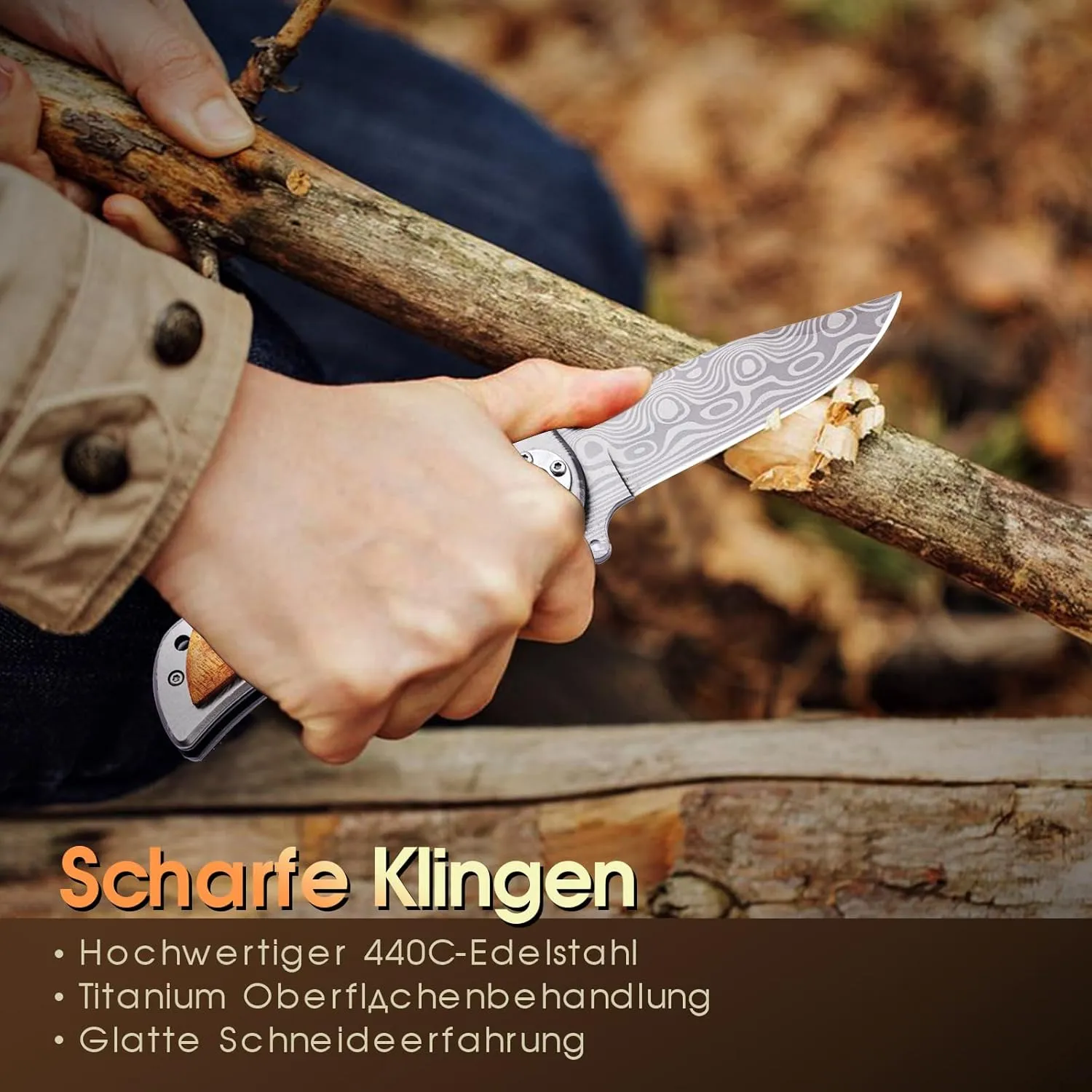 Two-Handed Folding Knife with Thumb Lock System,Permitted to carry,Pocket Knife with Wooden Handle,Outdoor Knife for Camping, Hunting camping tools with storage holster, and Whetstone
