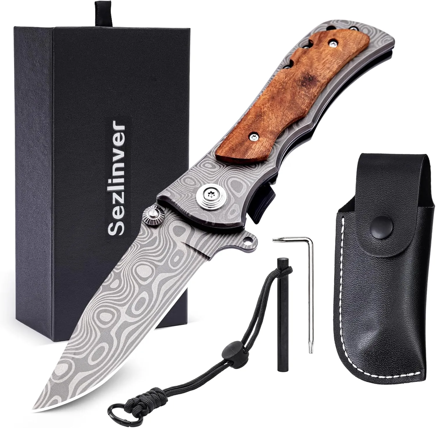 Two-Handed Folding Knife with Thumb Lock System,Permitted to carry,Pocket Knife with Wooden Handle,Outdoor Knife for Camping, Hunting camping tools with storage holster, and Whetstone