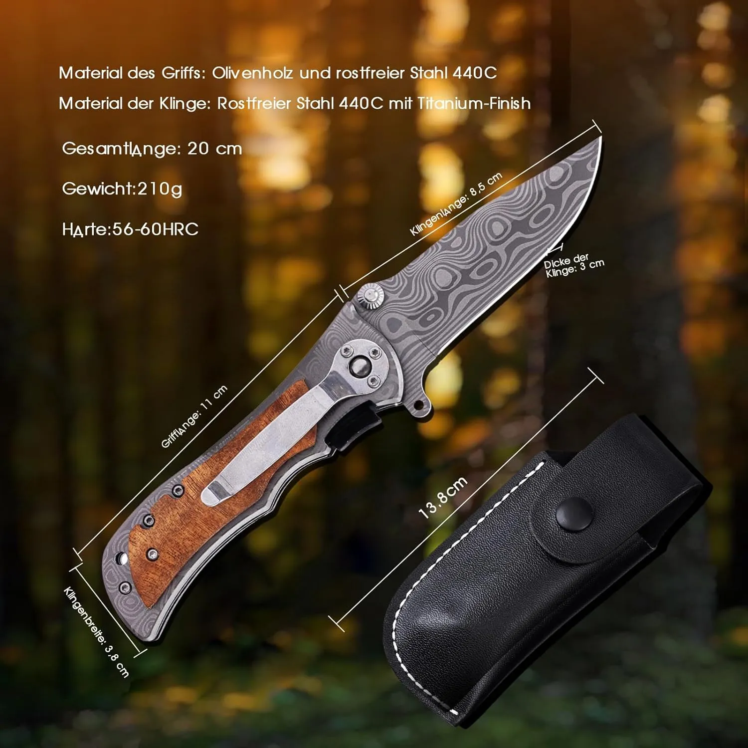 Two-Handed Folding Knife with Thumb Lock System,Permitted to carry,Pocket Knife with Wooden Handle,Outdoor Knife for Camping, Hunting camping tools with storage holster, and Whetstone