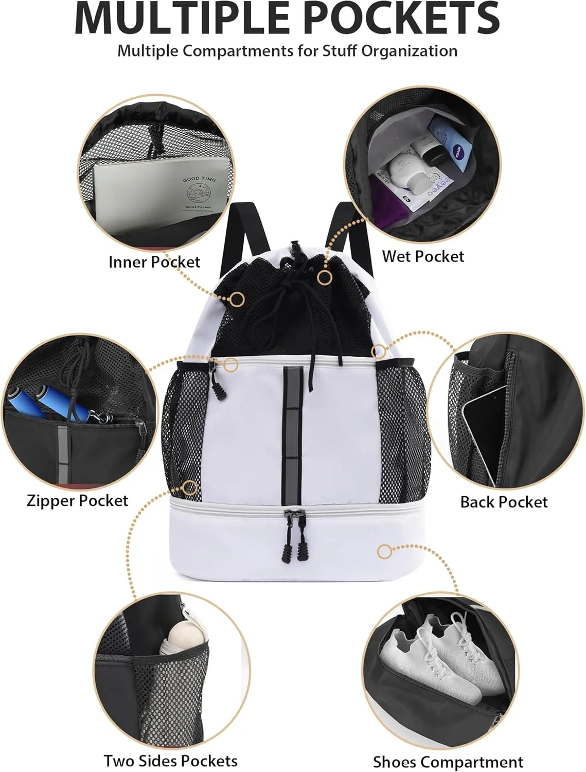U.helper Waterproof Gym Drawstring Backpack, Sports Sack with Shoes Compartment & Wet Pockets for Ball/Beach/Swim Training