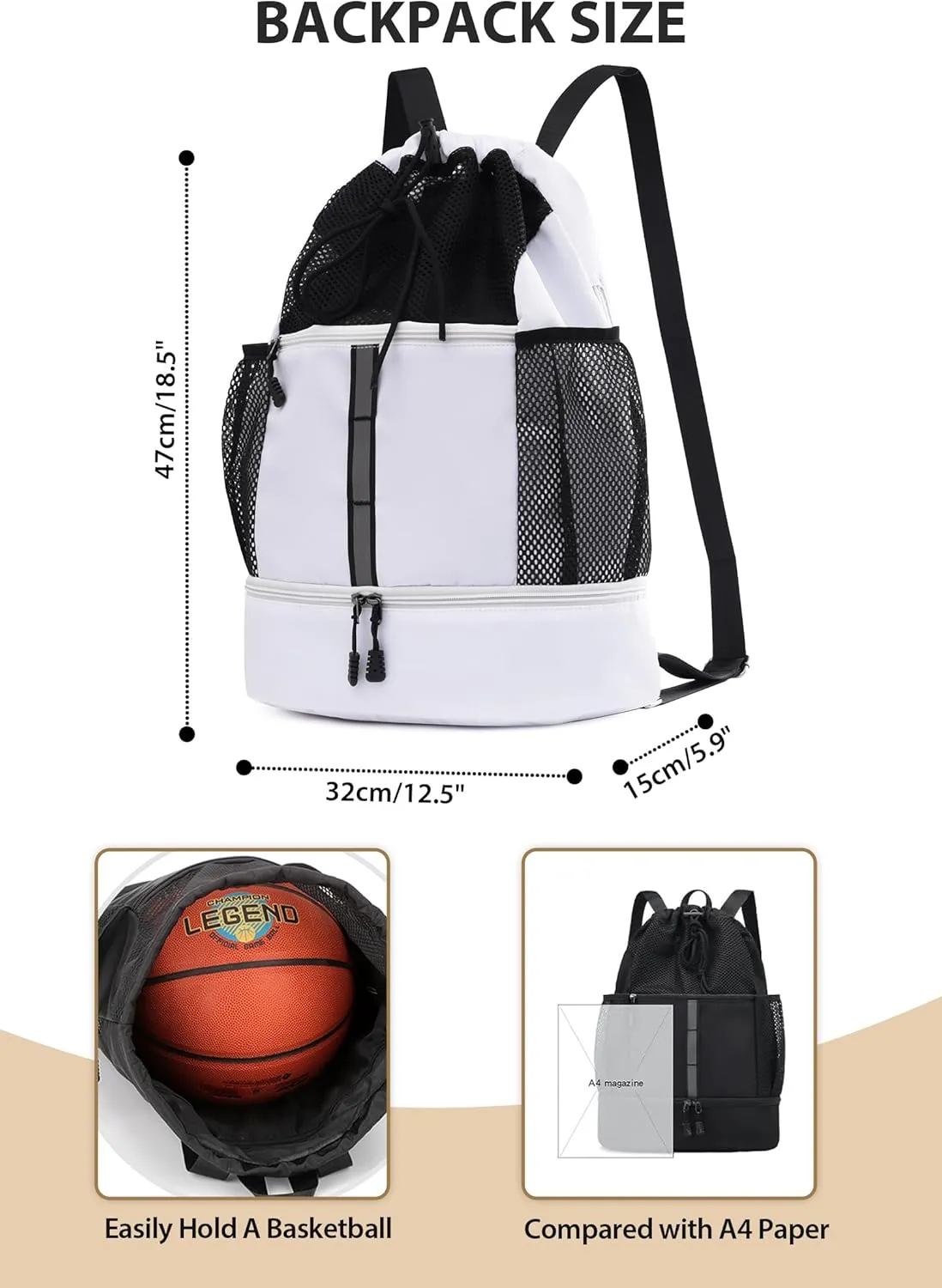 U.helper Waterproof Gym Drawstring Backpack, Sports Sack with Shoes Compartment & Wet Pockets for Ball/Beach/Swim Training