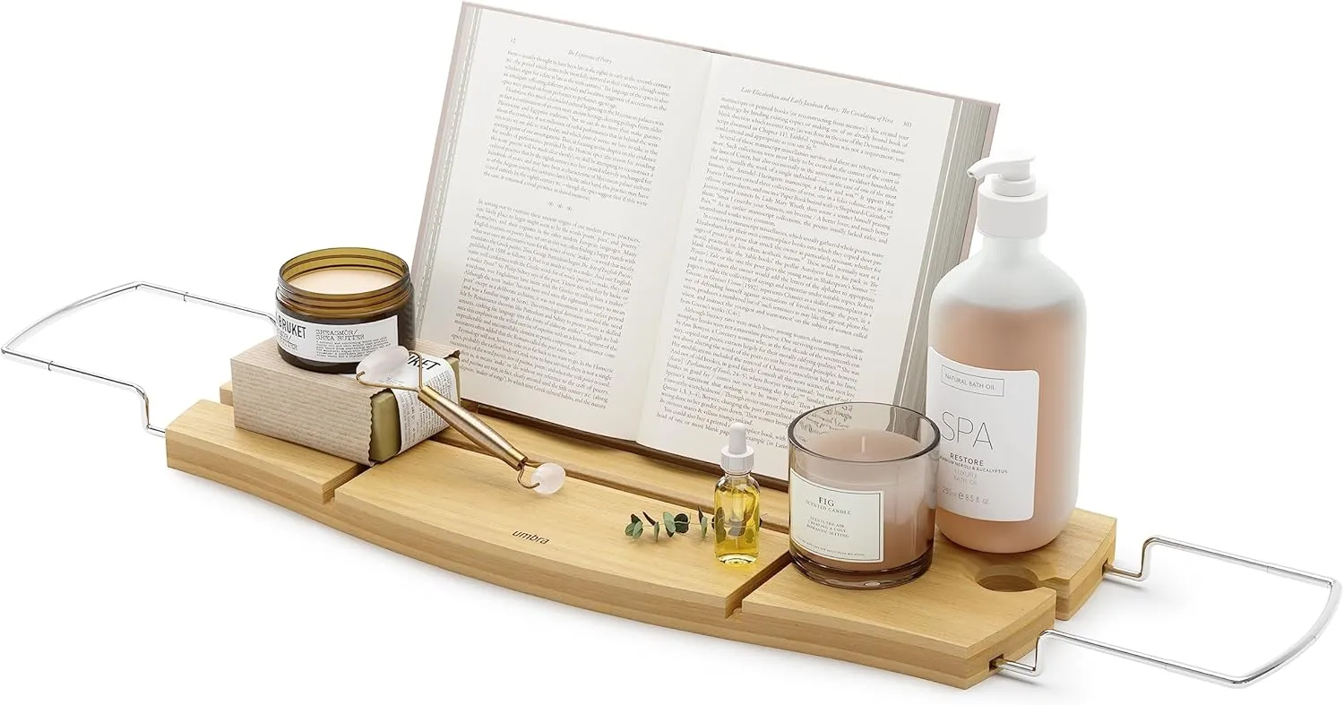 Umbra Aquala, Bamboo and Chrome Extendable Bathtub Tray Caddy, Natural