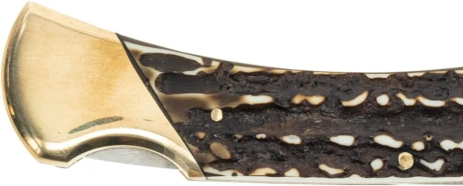 Uncle Henry Next Gen Staglon LB8 Bear Paw 8.7in Folding Knife with 3.7in Stainless Steel Clip-Point Blade, Brass Bolsters, and a Staglon Handle for Hunting, Camping, EDC, and Outdoors
