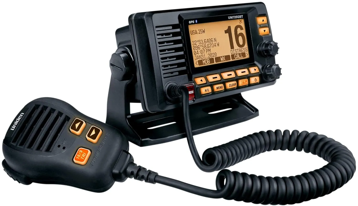 Uniden UM725GBTBK Marine VHF Radio, All USA, Canada, and Intl. Marine Channels, 1Watt/25Watt Transmit Power, Largest LCD Screen in Class, NOAA Weather Channels, Speaker Mic, Built-in GPS & Bluetooth.