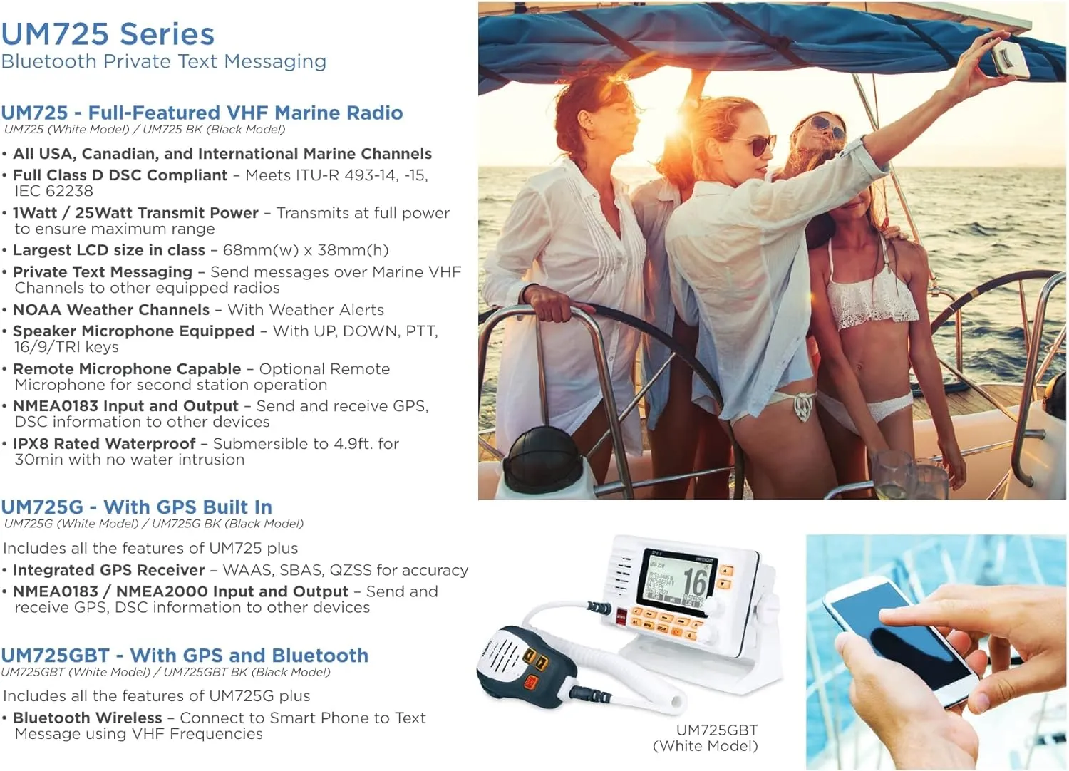 Uniden UM725GBTBK Marine VHF Radio, All USA, Canada, and Intl. Marine Channels, 1Watt/25Watt Transmit Power, Largest LCD Screen in Class, NOAA Weather Channels, Speaker Mic, Built-in GPS & Bluetooth.