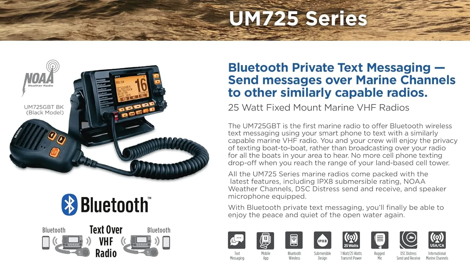 Uniden UM725GBTBK Marine VHF Radio, All USA, Canada, and Intl. Marine Channels, 1Watt/25Watt Transmit Power, Largest LCD Screen in Class, NOAA Weather Channels, Speaker Mic, Built-in GPS & Bluetooth.