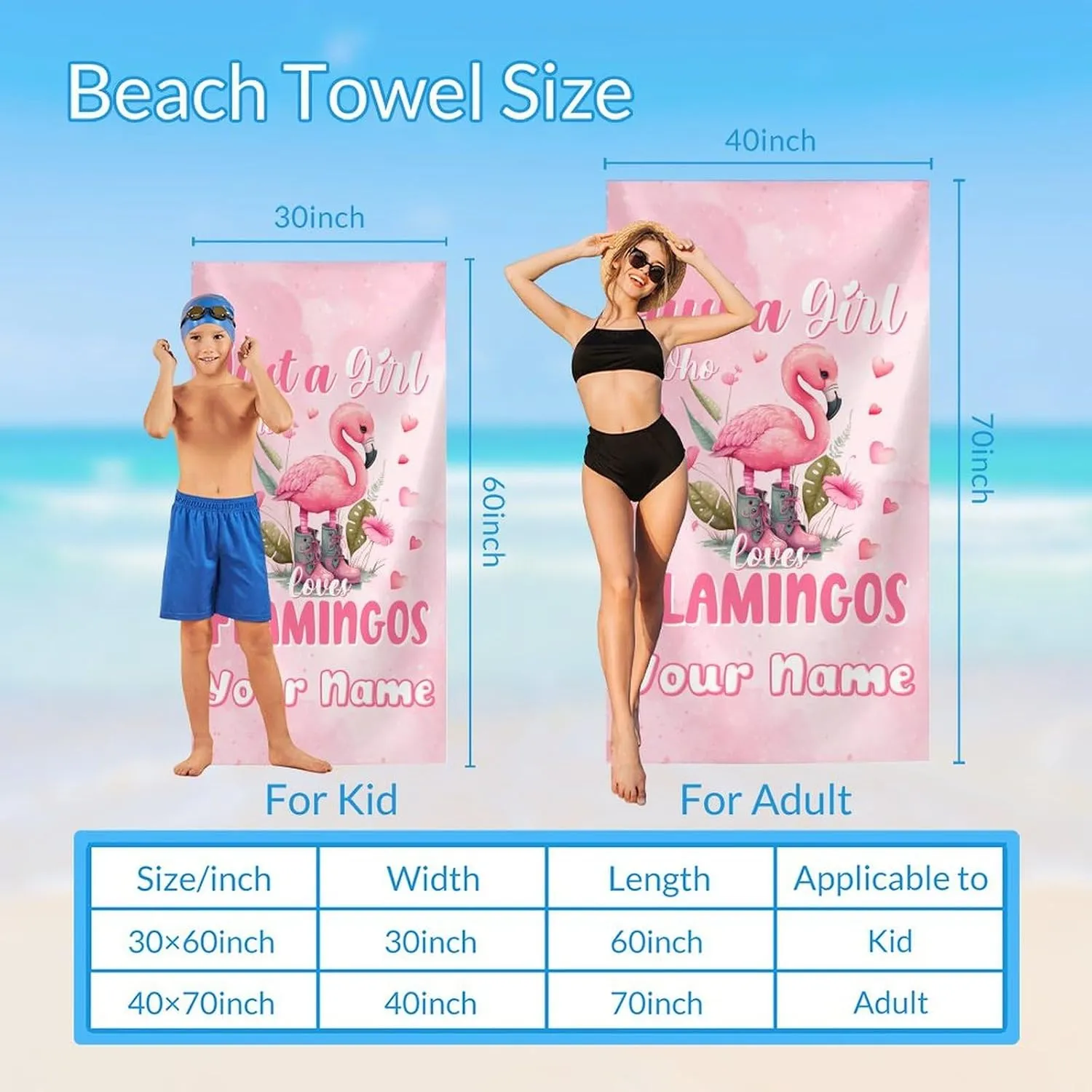 UNIKITTY Kids Beach Towel, Personalized Flamingo Beach Towel, Quick Dry Vacation Essentials for Pool Travel Swim, Custom Girls Gifts with Name