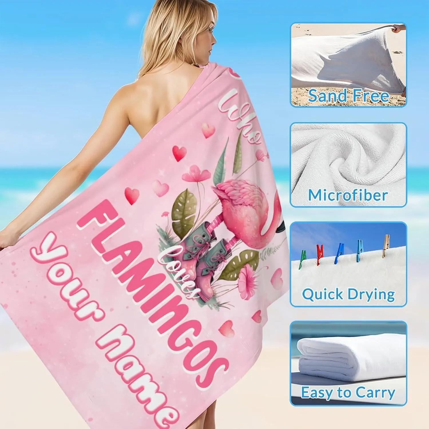 UNIKITTY Kids Beach Towel, Personalized Flamingo Beach Towel, Quick Dry Vacation Essentials for Pool Travel Swim, Custom Girls Gifts with Name