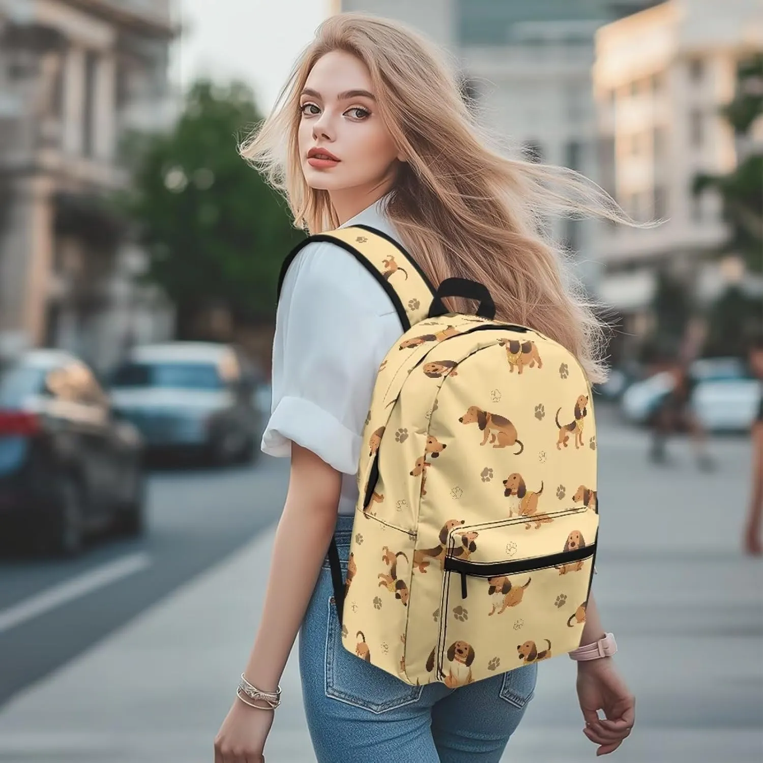 Unisex's Cute Large Backpack Baguio Hound Dog Paw Prints Fashion Muti Zipper Pockets Computer Laptop Rucksack Double zipper Daypack for Picnic Outdoor