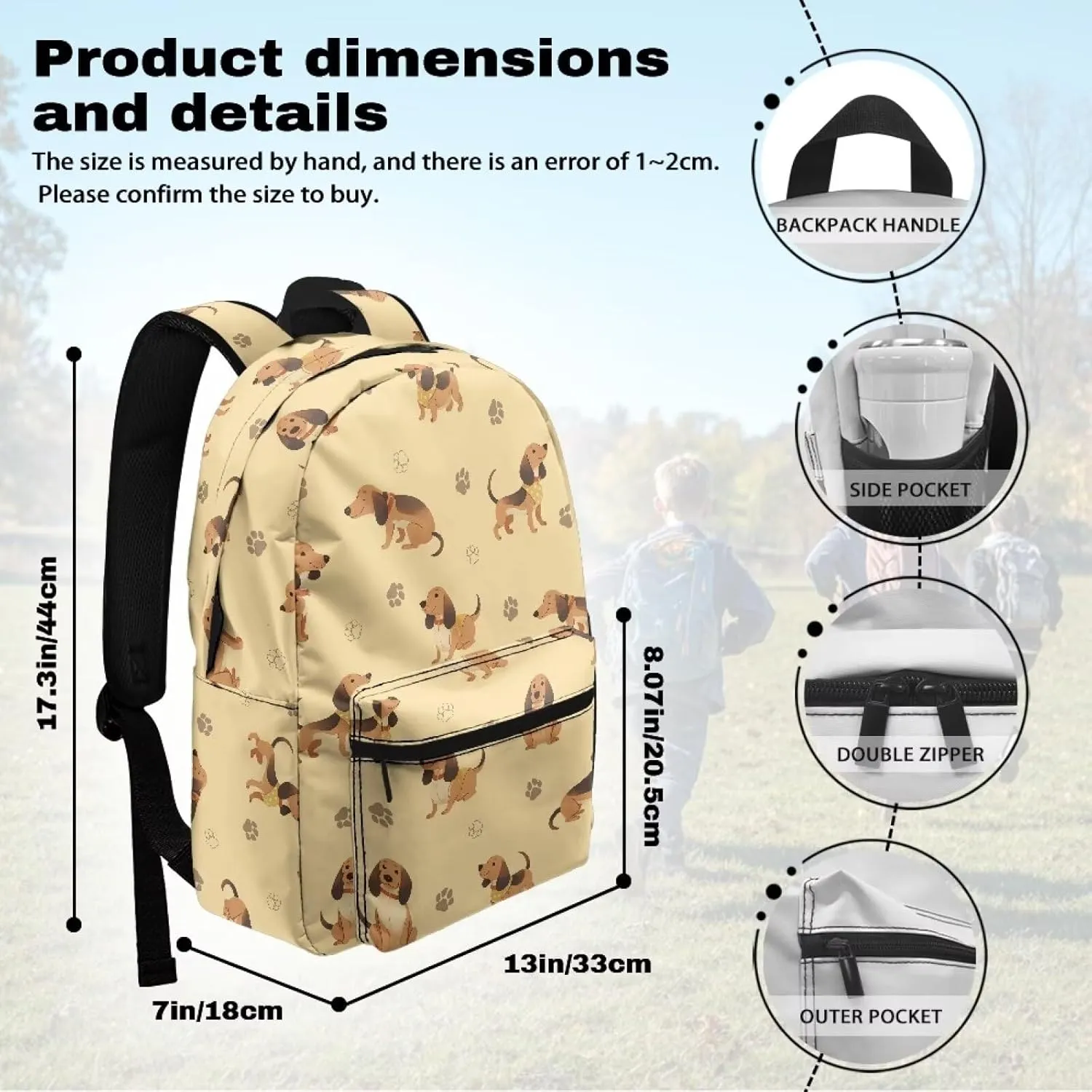 Unisex's Cute Large Backpack Baguio Hound Dog Paw Prints Fashion Muti Zipper Pockets Computer Laptop Rucksack Double zipper Daypack for Picnic Outdoor