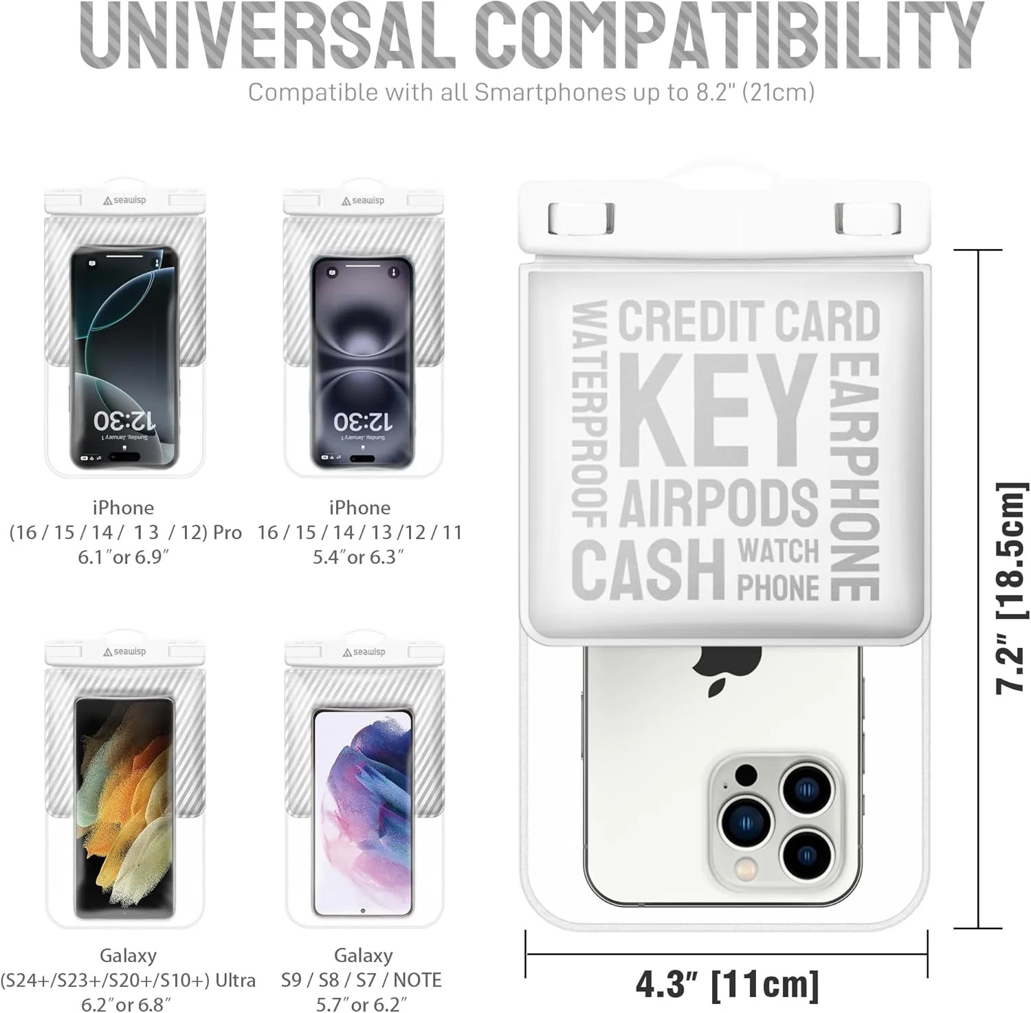 Universal Waterproof Phone Pouch [Double Space] IPX8 Dry Bag with Lanyard for iPhone 16 15 14 13 12 Pro Max XS XR X Galaxy S25 S24 S23 Ultra, Fit All Phones Up to 8'', White