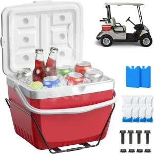 Upgrade 15L Golf Cart Cooler, Portable Golf Cart Ice Chest with Mounting Bracket, Ice Packs, 15 Quart Large Capacity 48H Cooling Ice Cooler Fits Club Car EZGO Yamaha