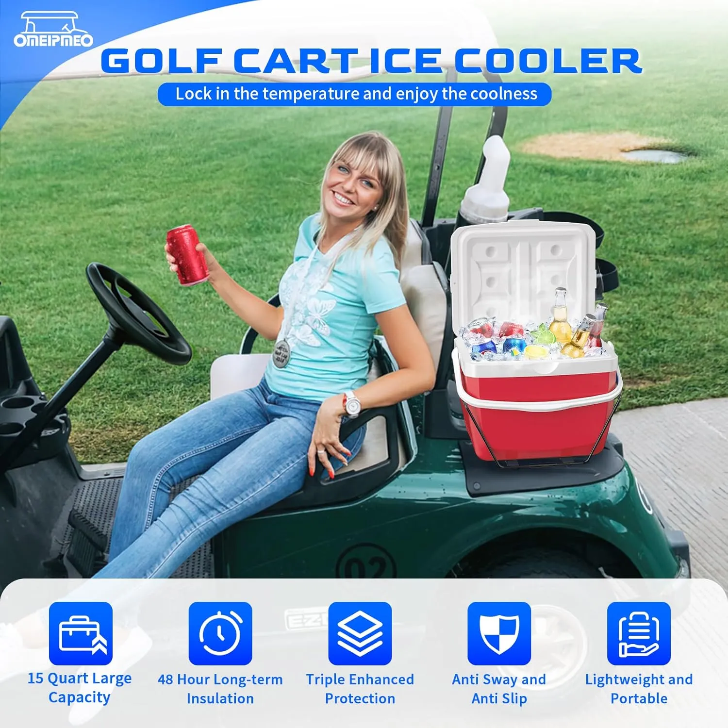 Upgrade 15L Golf Cart Cooler, Portable Golf Cart Ice Chest with Mounting Bracket, Ice Packs, 15 Quart Large Capacity 48H Cooling Ice Cooler Fits Club Car EZGO Yamaha