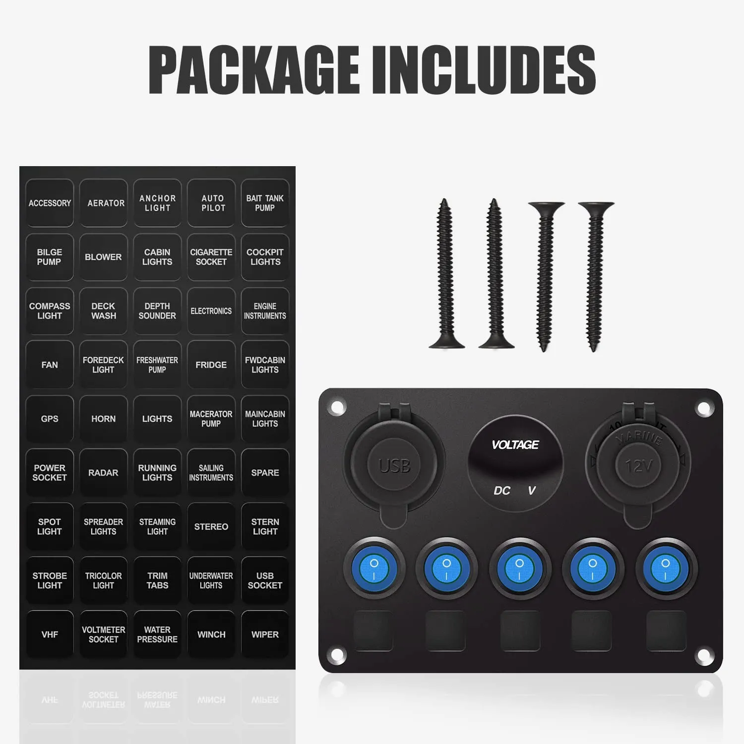 Upgrade Blue 5 Gang Marine Boat Rocker Switch Panel Circuit Breakers, Waterproof Switch Panel with 15A Inline Fuse for Truck RV, Digital Voltmeter USB Charger Port DC 12 Volt Power Outlet Socket
