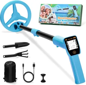 USB Rechargeable Kids Metal Detector, Adjustable 24"-34" Portable Children's Detector with Funny LCD Display for Outdoor Exploration, Blue