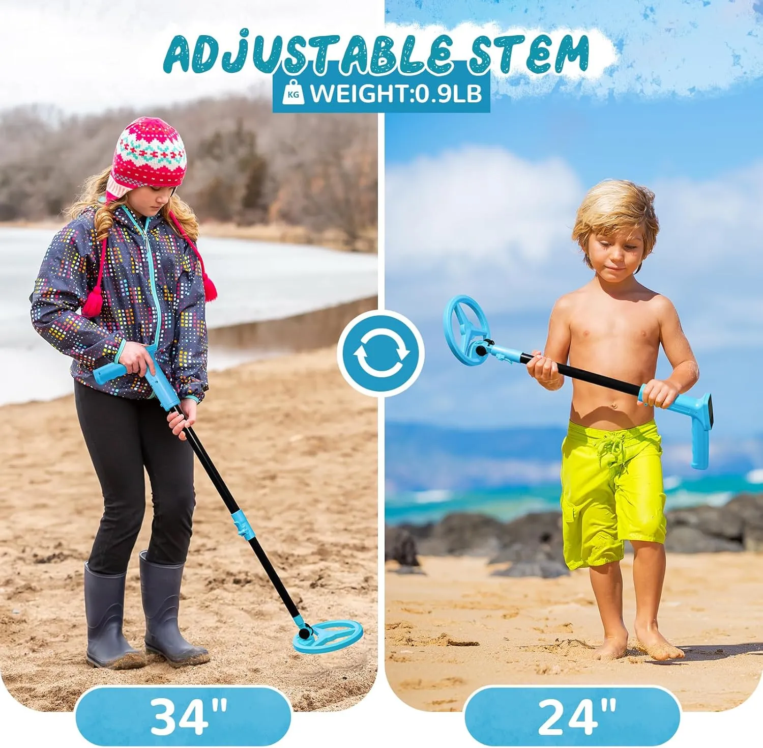 USB Rechargeable Kids Metal Detector, Adjustable 24"-34" Portable Children's Detector with Funny LCD Display for Outdoor Exploration, Blue