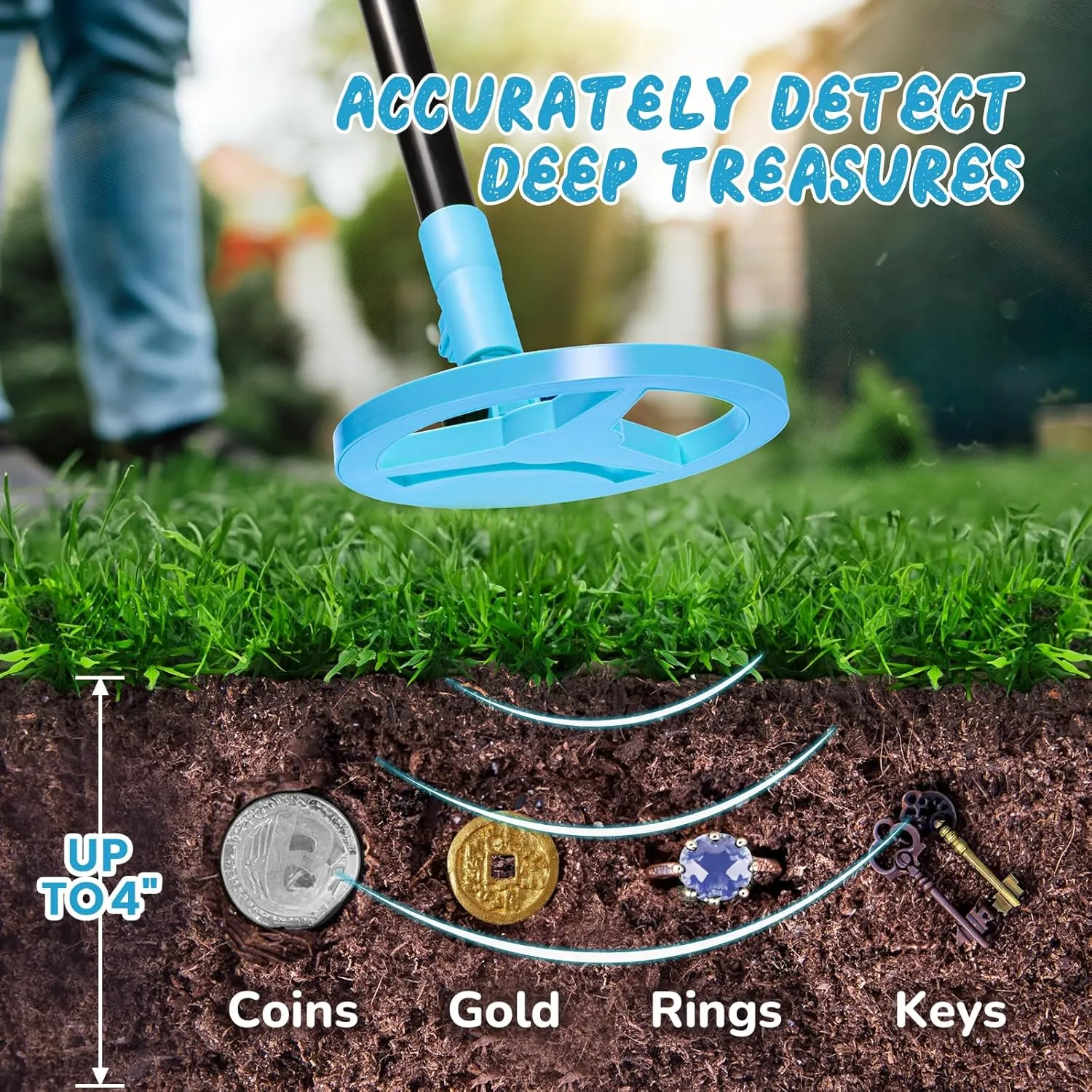 USB Rechargeable Kids Metal Detector, Adjustable 24"-34" Portable Children's Detector with Funny LCD Display for Outdoor Exploration, Blue