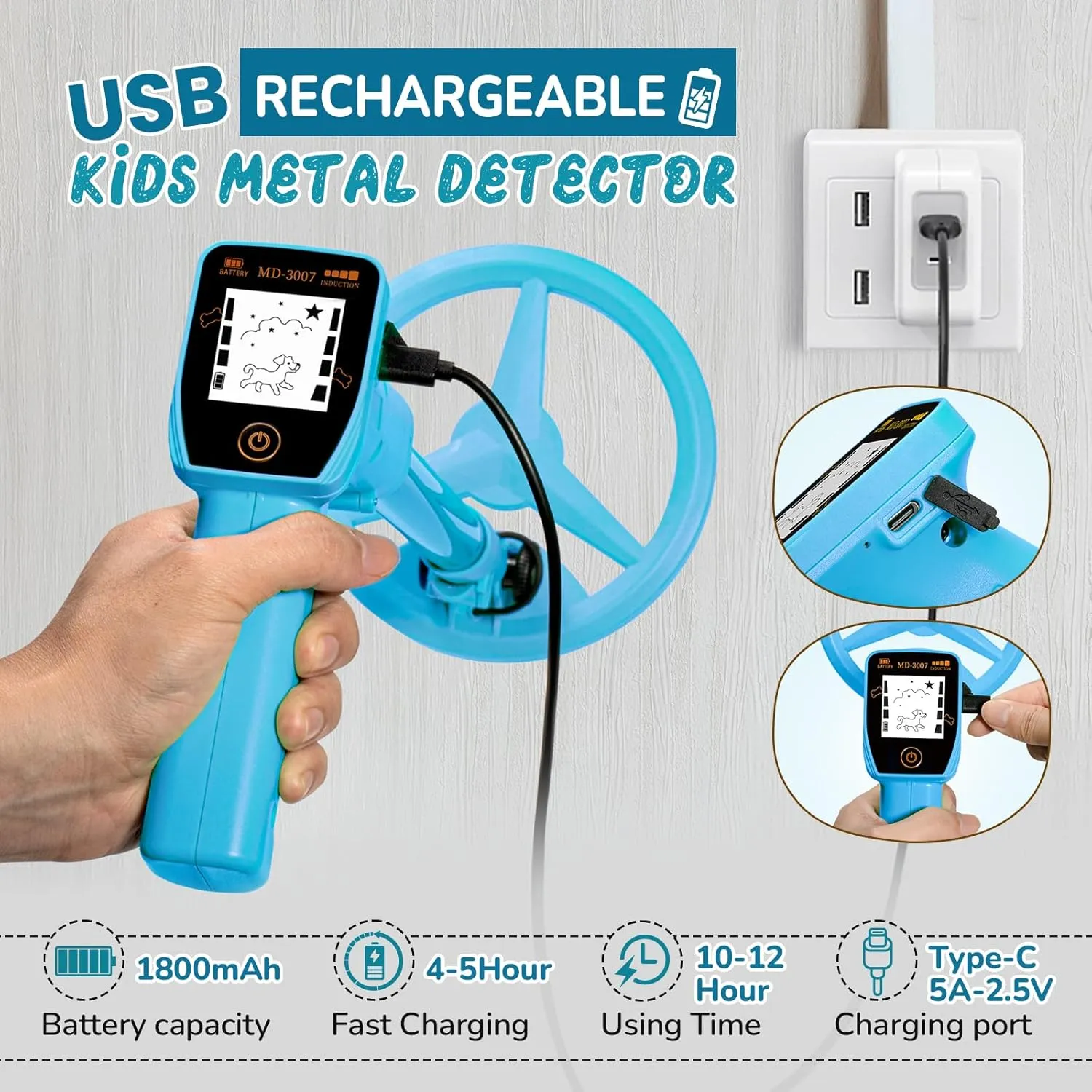 USB Rechargeable Kids Metal Detector, Adjustable 24"-34" Portable Children's Detector with Funny LCD Display for Outdoor Exploration, Blue
