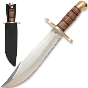 USMC Jungle Bowie Knife | Premium Leather Sheath | 9 1/4" Stainless Steel Blade | Stacked Leather Handle | Polished Brass Handguard and Pommel | Makes Excellent Gift for a Marine | 14" Overall