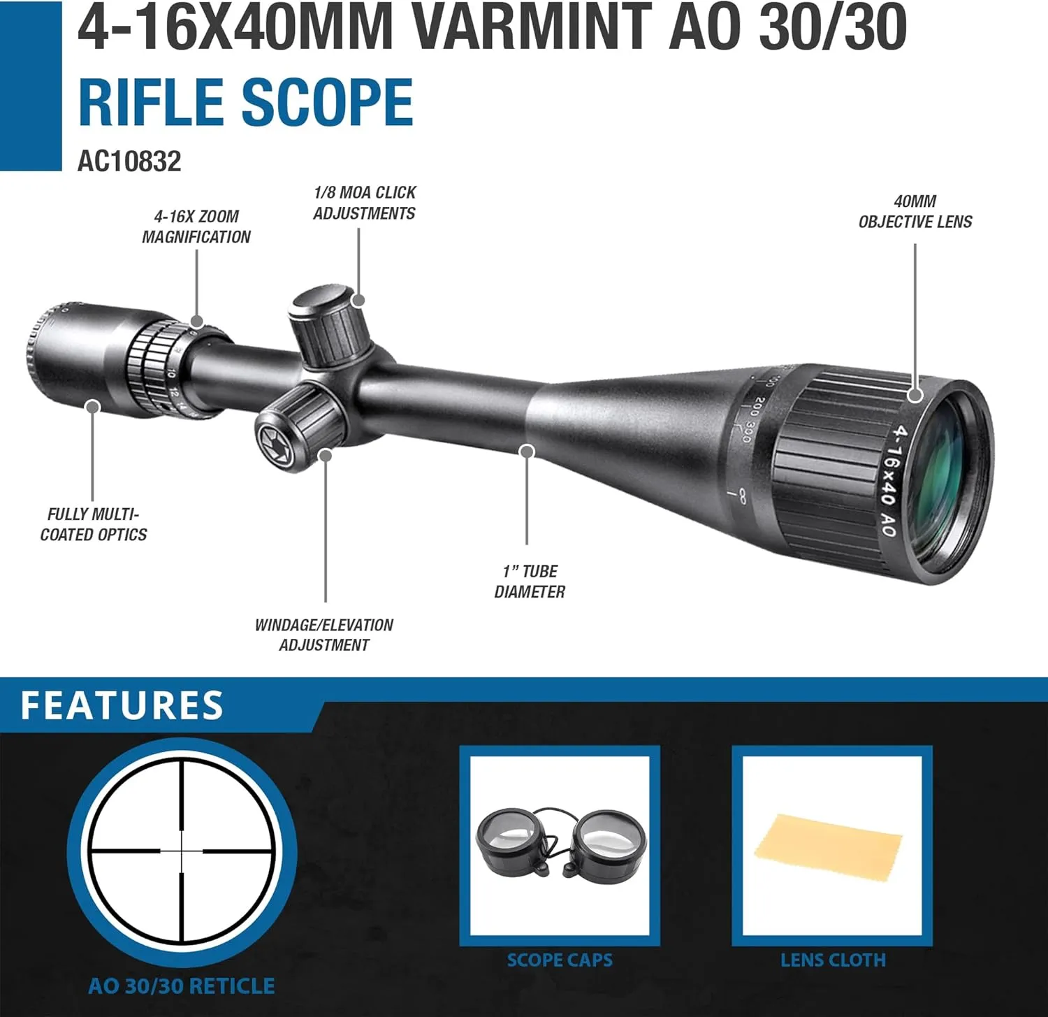 Varmint Crosshair Reticle Precision Riflescope with Adjustable Objective & Fully-Multi Coated Optics for Accurate Long-Range Shooting Hunting
