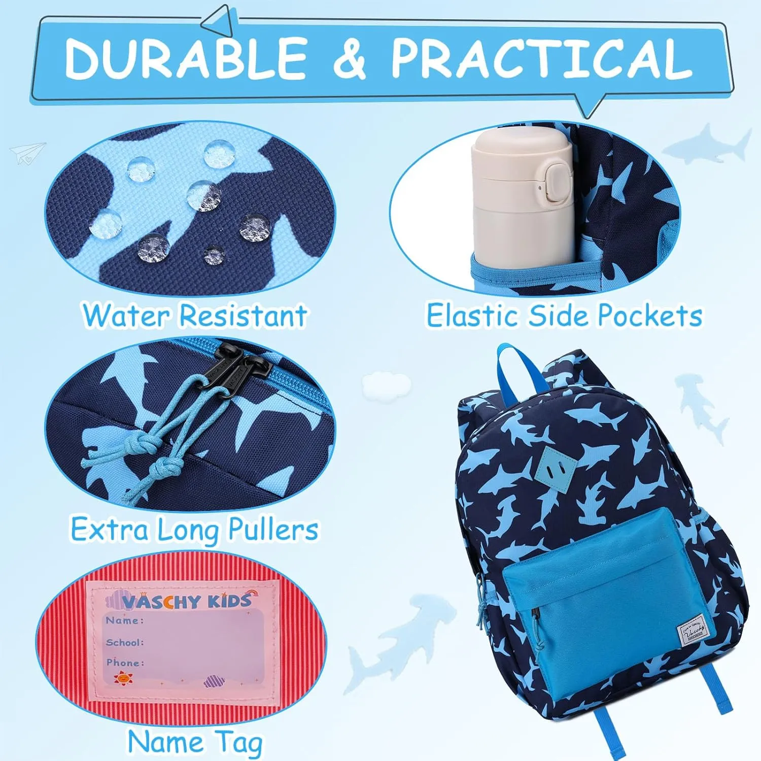 VASCHY Toddler Backpack for Boys, Kids Water Resistant Lightweight Preschool Bookbag Daypack for Children Daycare Sharks