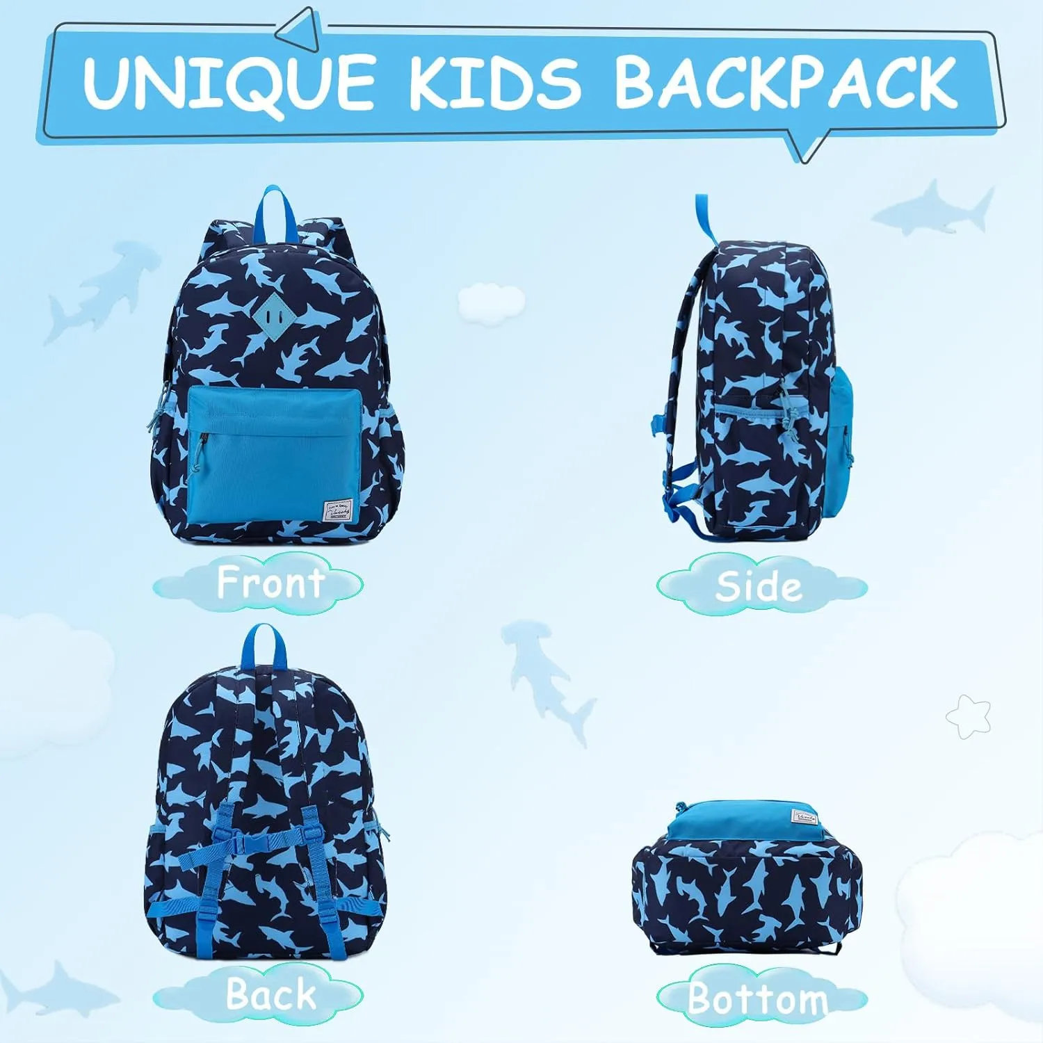 VASCHY Toddler Backpack for Boys, Kids Water Resistant Lightweight Preschool Bookbag Daypack for Children Daycare Sharks