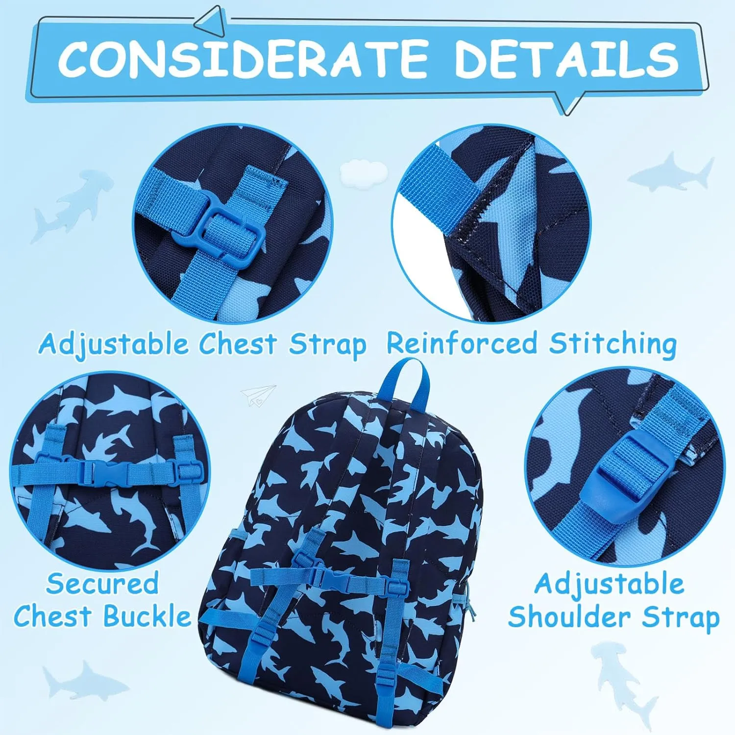 VASCHY Toddler Backpack for Boys, Kids Water Resistant Lightweight Preschool Bookbag Daypack for Children Daycare Sharks