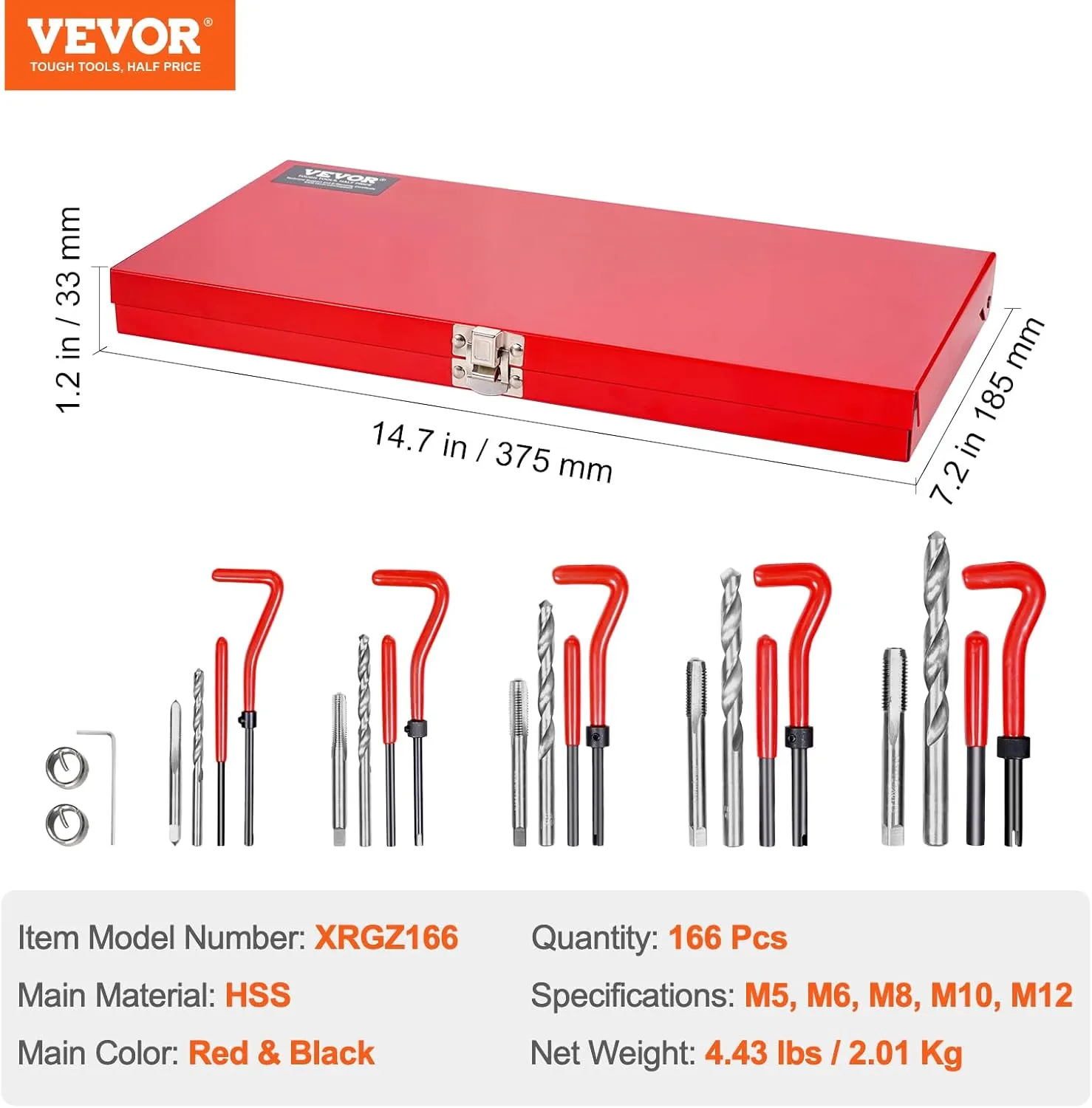 VEVOR Thread Repair Kit - 166Piece Metric HSS Drill Helicoil Repair Kit - M5 M6 M8 M10 M12 Portable Rethreading Tool Kit - Thread Inserts Taps Breakoff Installation Tools