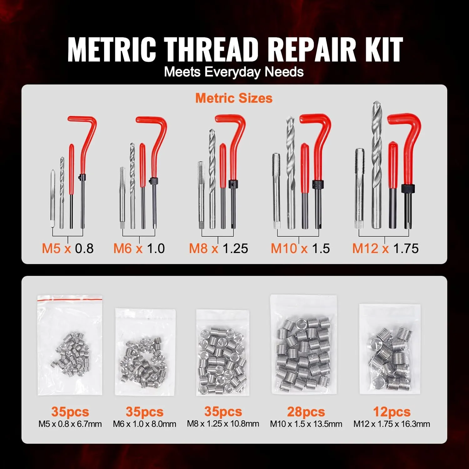 VEVOR Thread Repair Kit - 166Piece Metric HSS Drill Helicoil Repair Kit - M5 M6 M8 M10 M12 Portable Rethreading Tool Kit - Thread Inserts Taps Breakoff Installation Tools