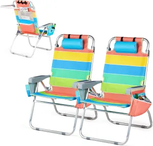 VINGLI Tall Beach Chair 2 Pack, with 5-Position, Cooler Bag, Cup Holders, Towel Bar, Lightweight Folding Beach Camping Chairs for Adults