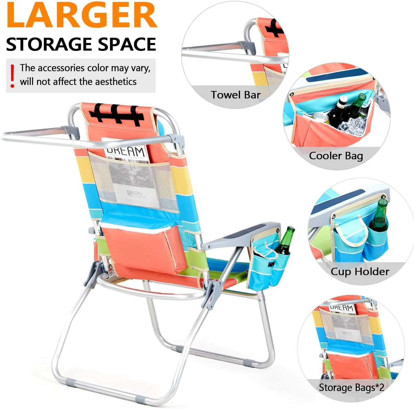 VINGLI Tall Beach Chair 2 Pack, with 5-Position, Cooler Bag, Cup Holders, Towel Bar, Lightweight Folding Beach Camping Chairs for Adults