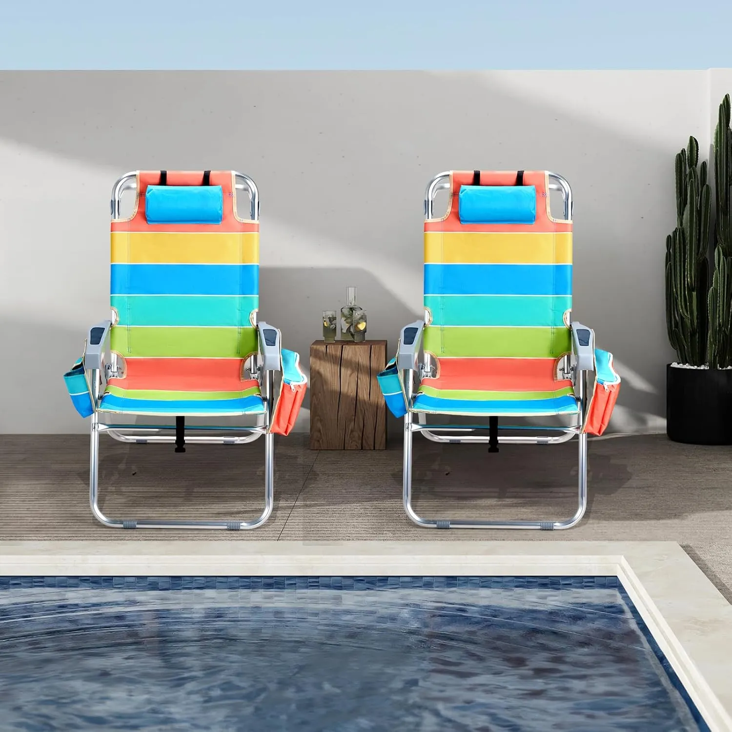 VINGLI Tall Beach Chair 2 Pack, with 5-Position, Cooler Bag, Cup Holders, Towel Bar, Lightweight Folding Beach Camping Chairs for Adults