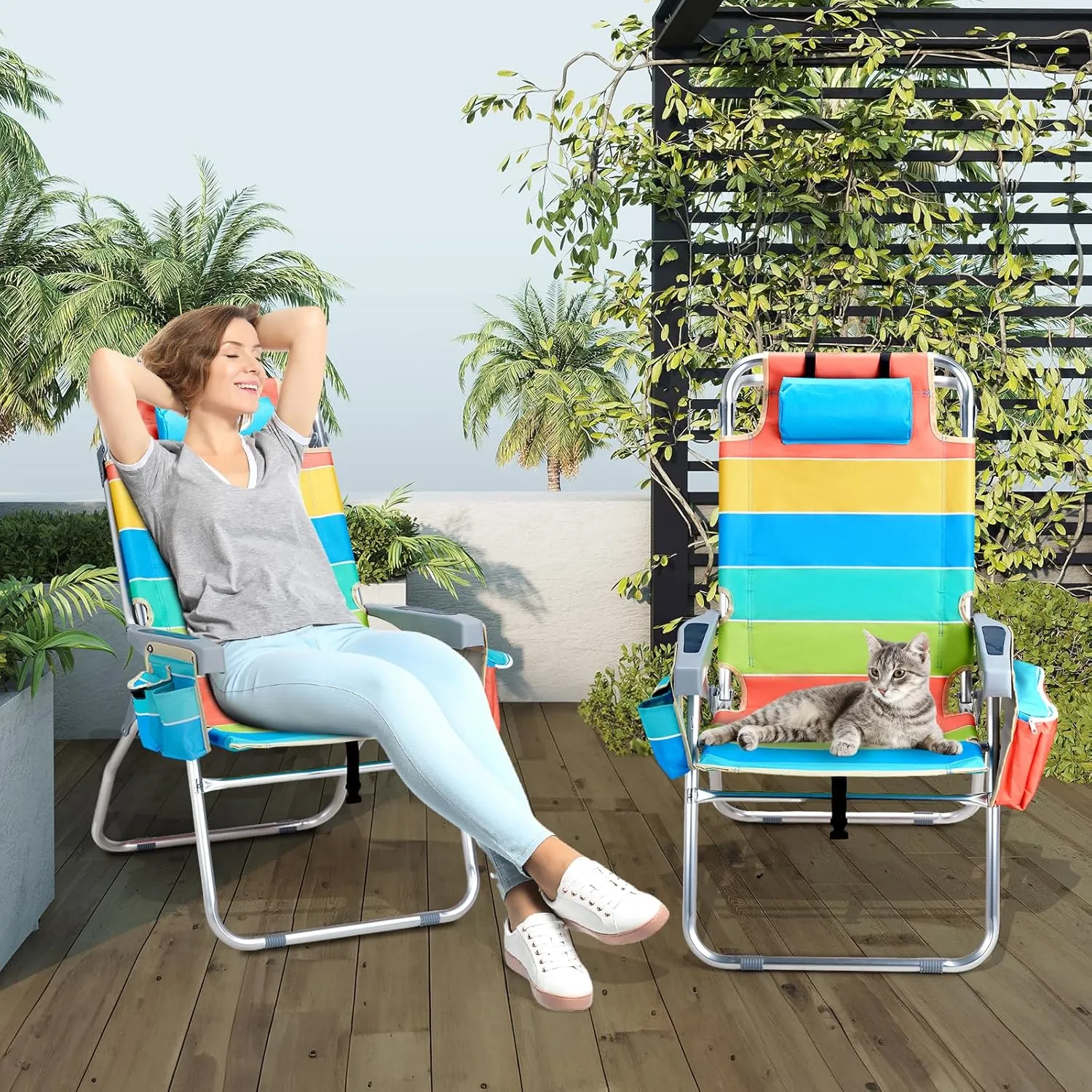 VINGLI Tall Beach Chair 2 Pack, with 5-Position, Cooler Bag, Cup Holders, Towel Bar, Lightweight Folding Beach Camping Chairs for Adults