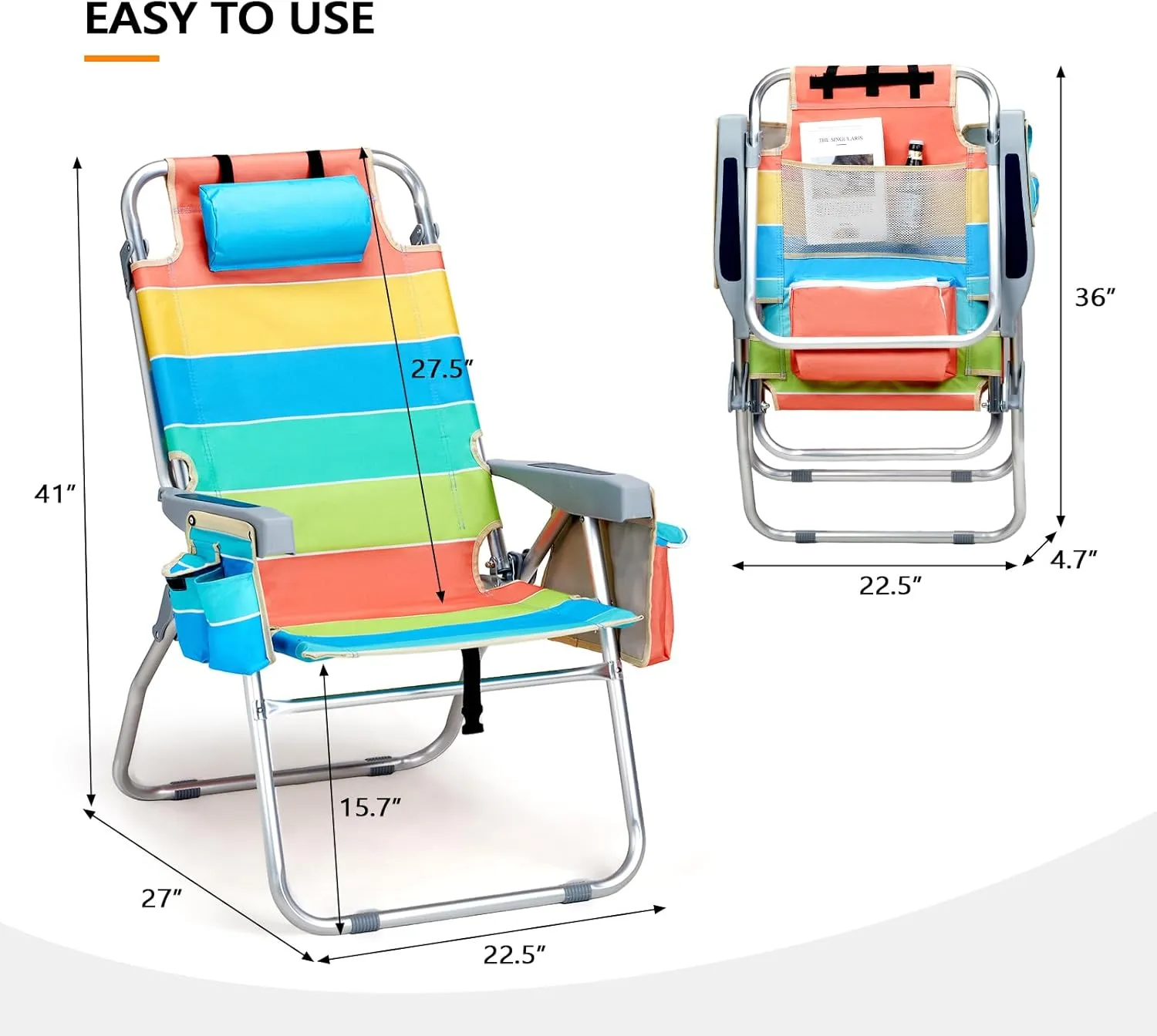 VINGLI Tall Beach Chair 2 Pack, with 5-Position, Cooler Bag, Cup Holders, Towel Bar, Lightweight Folding Beach Camping Chairs for Adults