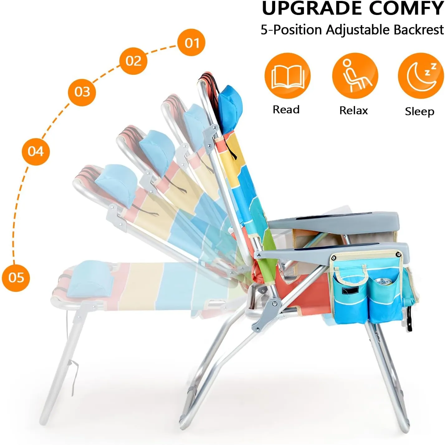 VINGLI Tall Beach Chair 2 Pack, with 5-Position, Cooler Bag, Cup Holders, Towel Bar, Lightweight Folding Beach Camping Chairs for Adults