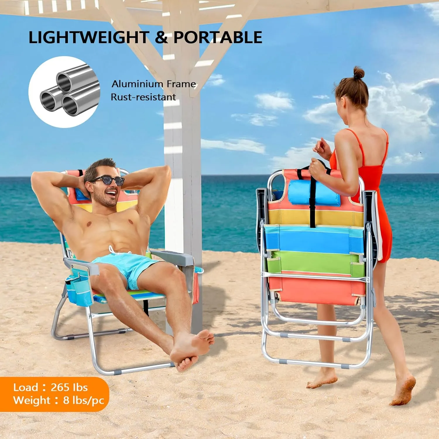 VINGLI Tall Beach Chair 2 Pack, with 5-Position, Cooler Bag, Cup Holders, Towel Bar, Lightweight Folding Beach Camping Chairs for Adults