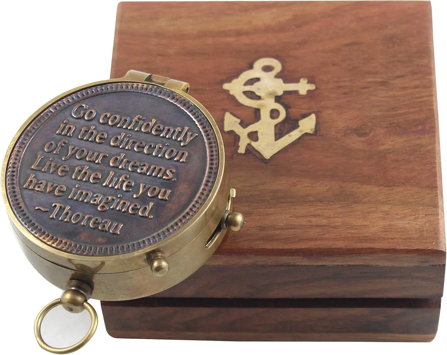 Vintage Marine Brass Compass with Wooden Box Engraved Inspirational Quote Antique Navigation Tool for Hiking Sailing Travel Collectible Gift