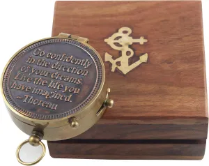 Vintage Marine Brass Compass with Wooden Box Engraved Inspirational Quote Antique Navigation Tool for Hiking Sailing Travel Collectible Gift