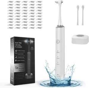 Voraiya Electric Flosser with 3 Modes with 50 Replacement Heads, Oscillation and Vibration Flosser, Water Floss Alternative, Electric Dental Floss with Wireless Charging Base (White)