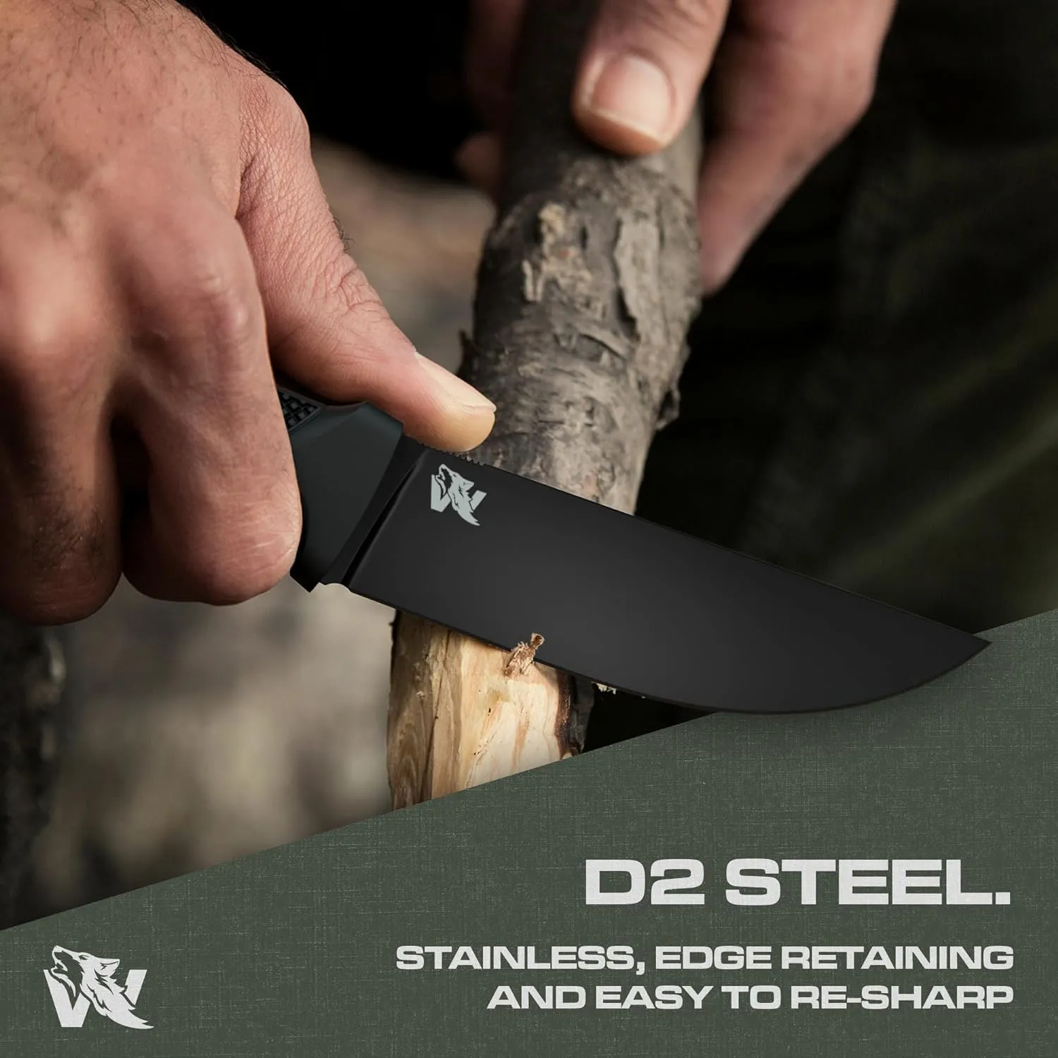 W-FLAT Full Tang Survival Knife - D2 Steel Fixed Blade - Bushcraft, Camping, EDC & Hunting Knife - TPE Handle with Sheath
