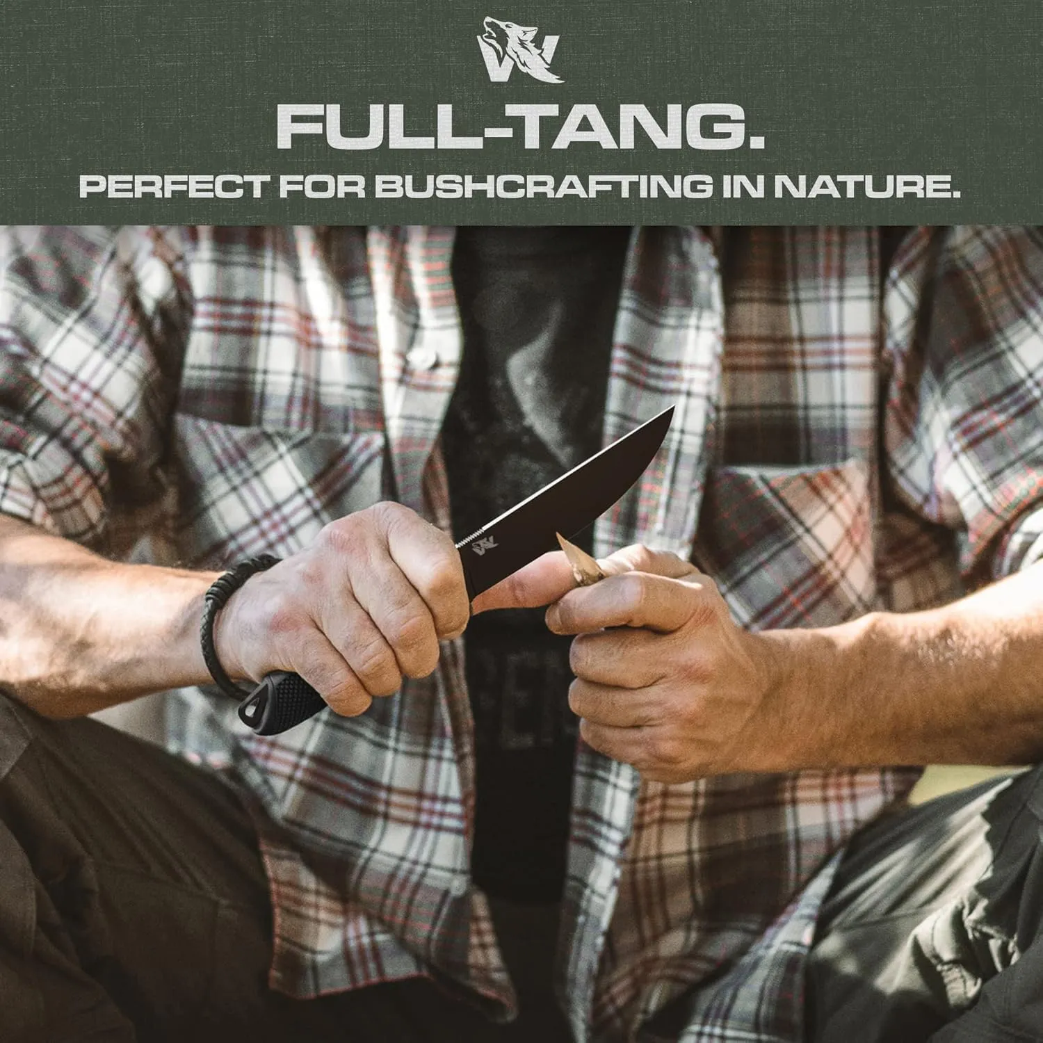 W-FLAT Full Tang Survival Knife - D2 Steel Fixed Blade - Bushcraft, Camping, EDC & Hunting Knife - TPE Handle with Sheath