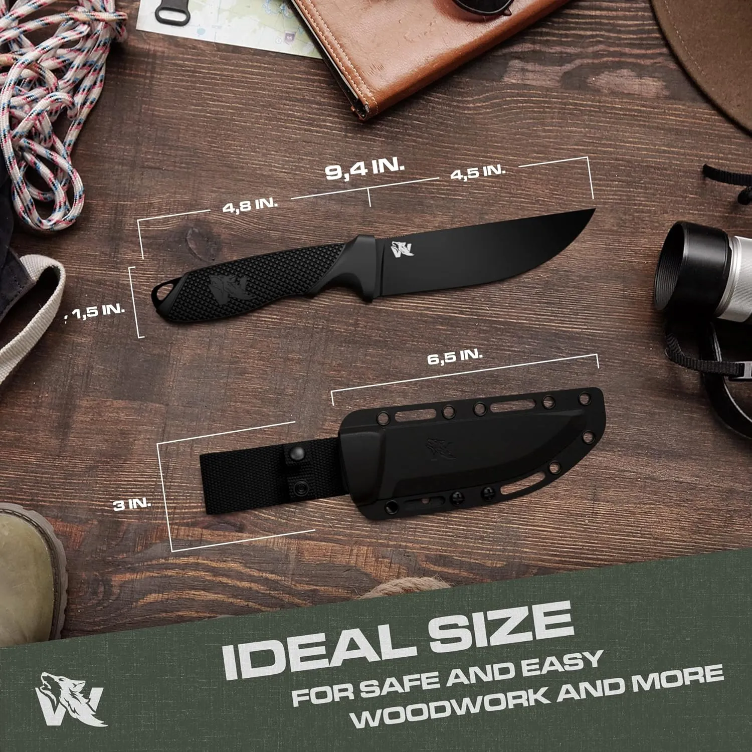 W-FLAT Full Tang Survival Knife - D2 Steel Fixed Blade - Bushcraft, Camping, EDC & Hunting Knife - TPE Handle with Sheath