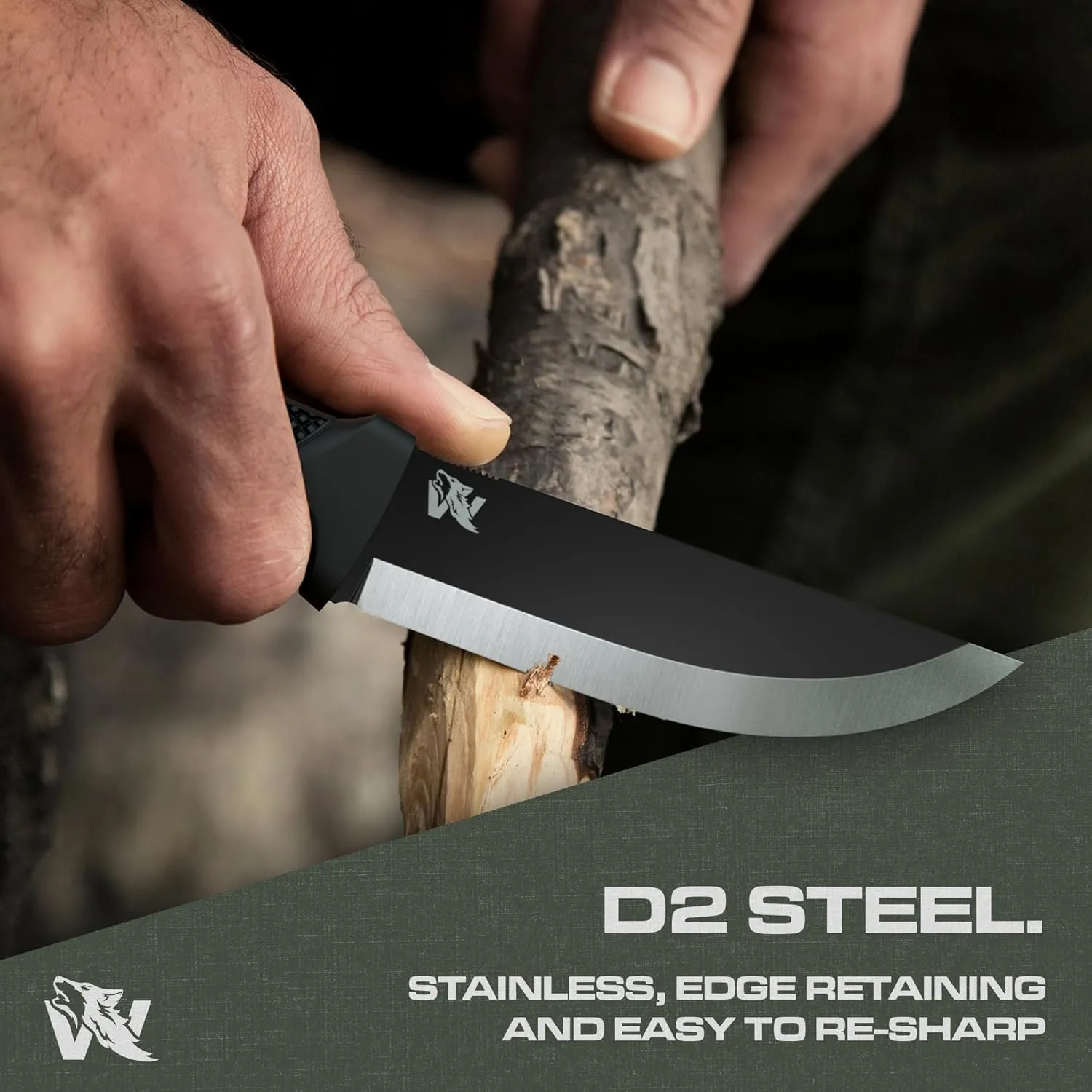 W-SCANDI Full Tang Survival Knife with Sheath - Stylish Tactical Fixed Blade - Made of D2 Steel - Bushcraft and Camping Knife Survival - Perfect EDC Hunting Knife with TPE Handle