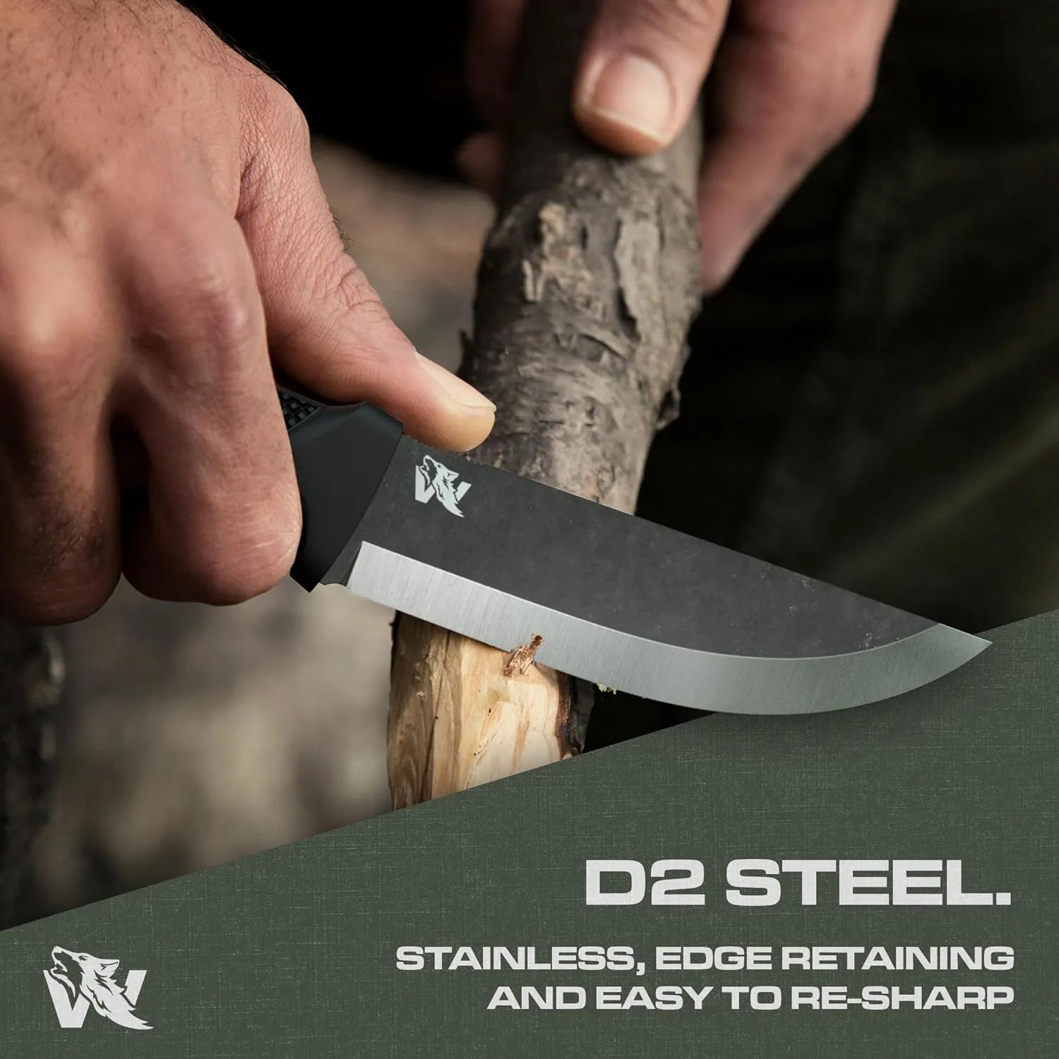 W-SCANDI Full Tang Survival Knife with Sheath - Stylish Tactical Fixed Blade - Made of D2 Steel - Bushcraft and Camping Knife Survival - Perfect EDC Hunting Knife with TPE Handle