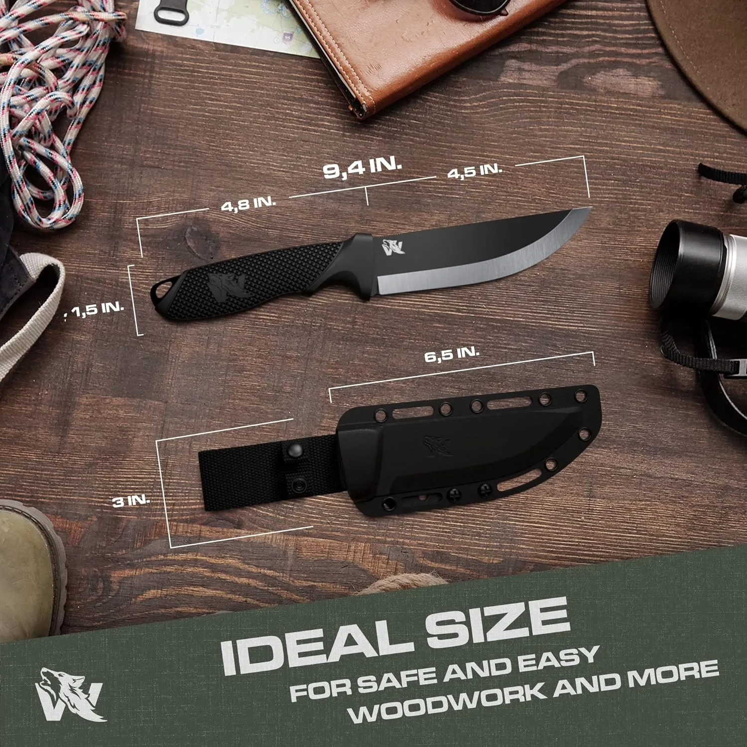 W-SCANDI Full Tang Survival Knife with Sheath - Stylish Tactical Fixed Blade - Made of D2 Steel - Bushcraft and Camping Knife Survival - Perfect EDC Hunting Knife with TPE Handle