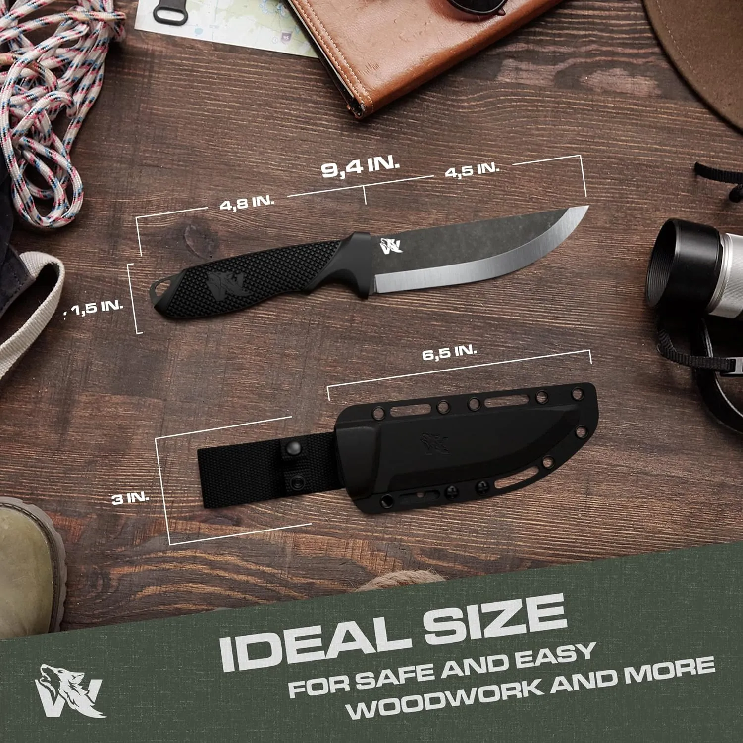W-SCANDI Full Tang Survival Knife with Sheath - Stylish Tactical Fixed Blade - Made of D2 Steel - Bushcraft and Camping Knife Survival - Perfect EDC Hunting Knife with TPE Handle