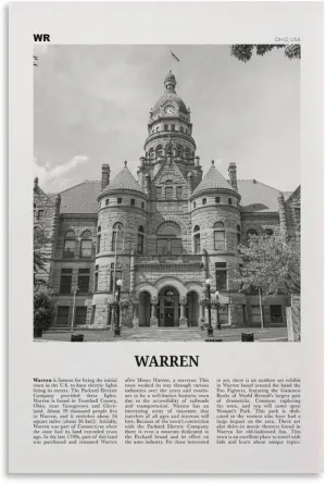 Warren Print Black And White, Warren Wall Art, Warren Poster, Warren Photo, Warren Wall Décor, Warren Map, Ohio, USA Canvas Poster Wall Art Bedroom Decor Office Room Kitchen Decor Gift 12x18inch(30x4