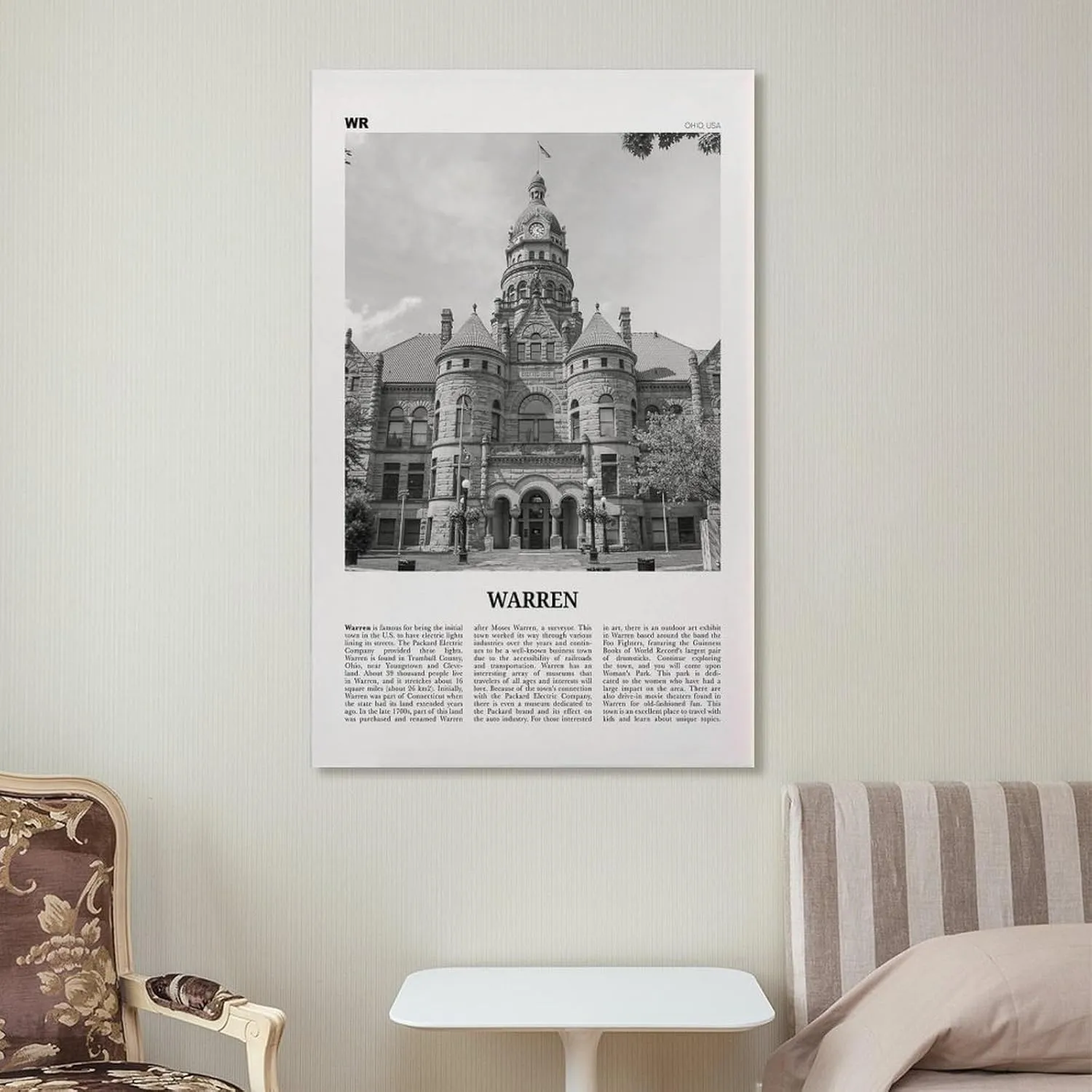 Warren Print Black And White, Warren Wall Art, Warren Poster, Warren Photo, Warren Wall Décor, Warren Map, Ohio, USA Canvas Poster Wall Art Bedroom Decor Office Room Kitchen Decor Gift 12x18inch(30x4